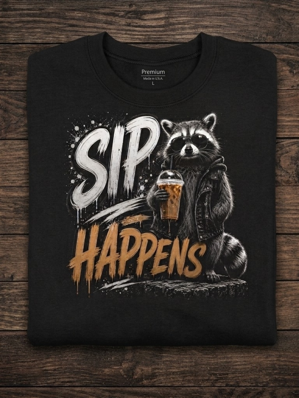 Black "Sip Happens" Raccoon Graphic Tee - Men